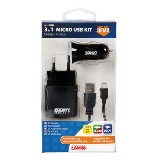 Καλώδιο Φορτισης MICRO USB 100cm με αντάπτορα USB αναπτήρα 12V/24V και αντάπτορα 220V