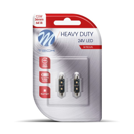 ΛΑΜΠΑΚΙΑ ΠΛΑΦΟΝΙΕΡΑΣ C5W 24V SV8,5 36mm 2xHP LED ΛΕΥΚΟ HEAVY DUTY BLISTER M-TECH - 2 Τεμ.