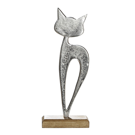 Διακοσμητικό ArteLibre Φιγούρα Γάτας Ασημί/Φυσικό Αλουμίνιο/Ξύλο 5x13x32cm