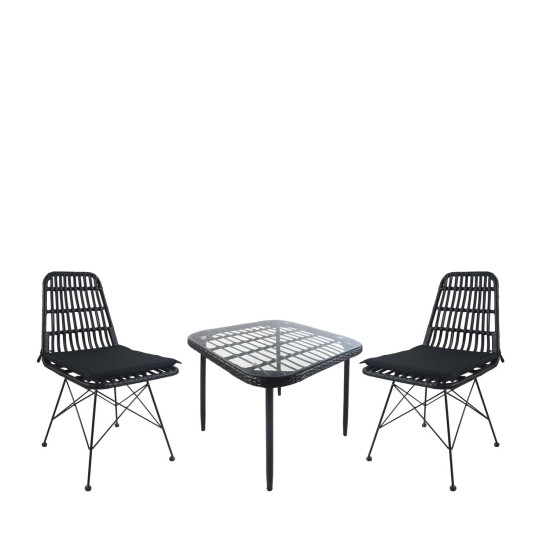 Σετ Τραπεζαρία Κήπου ArteLibre ANTIUS Μαύρο Μέταλλο/Rattan/Γυαλί Με 2 Καρέκλες 14990363