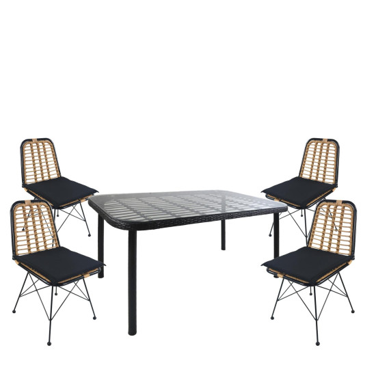 Σετ Τραπεζαρία Κήπου ArteLibre AMPLAS Μαύρο Μέταλλο/Rattan/Γυαλί Με 4 Καρέκλες 14990371