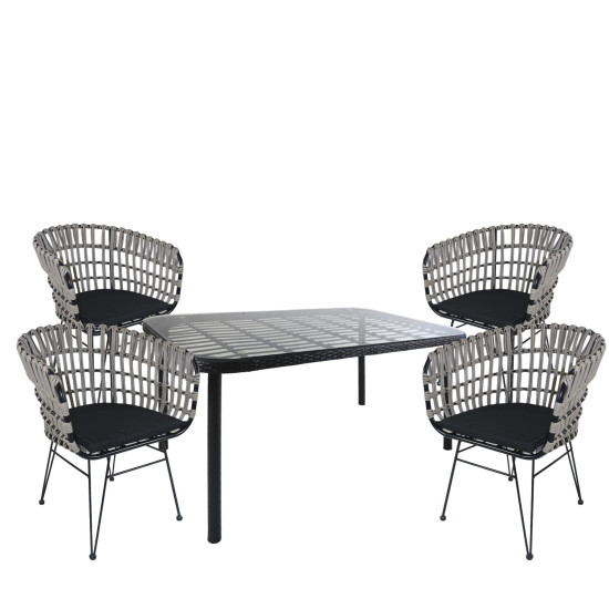 Σετ Τραπεζαρία Κήπου ArteLibre AMPLAS Μαύρο Μέταλλο/Rattan/Γυαλί Με 4 Καρέκλες 14990389