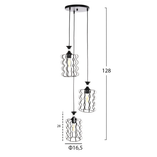 ΦΩΤΙΣΤΙΚΟ ΟΡΟΦΗΣ ΚΡΕΜΑΣΤΟ FB94089 3-ΦΩΤΟ ΜΑΥΡΑ ΜΕΤΑΛΛΙΚΑ ΚΑΠΕΛΑ Φ34x128Υεκ.