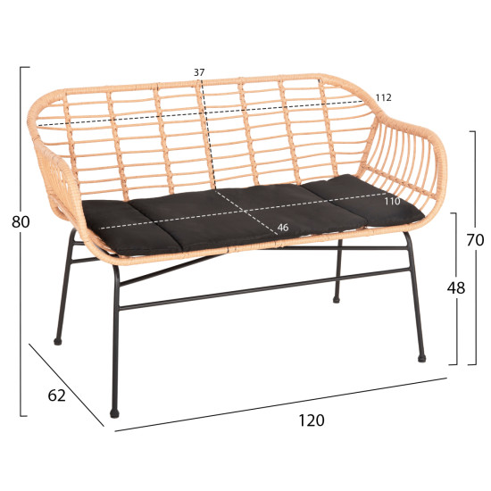 ΚΑΝΑΠΕΣ FB96077 ΜΑΥΡΟ ΜΕΤΑΛΛΟ-ΜΠΕΖ ΣΥΝΘ.RATTAN 120x62x80Υεκ.