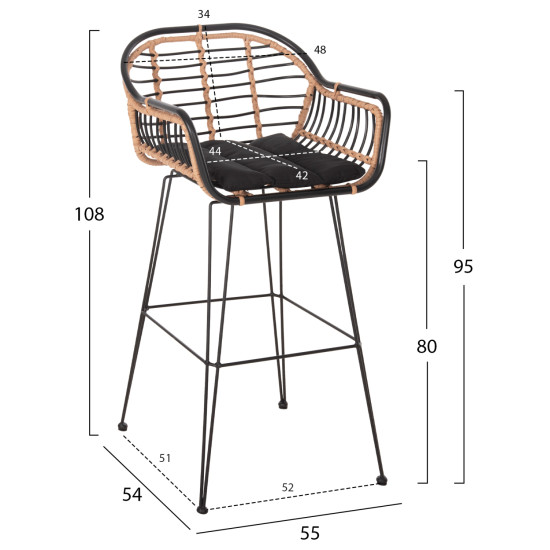 ΣΚΑΜΠΟ ΜΠΑΡ FB95690.11 ΜΕΤΑΛΛΟ&ΜΑΞΙΛΑΡΙ ΜΑΥΡΟ-WICKER ΜΠΕΖ 55x54x108Υεκ.