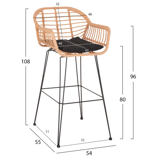 ΣΚΑΜΠΟ ΜΠΑΡ ΨΗΛΟ FB95640.11 ΜΠΕΖ P.E. RATTAN-ΜΑΥΡΟ ΜΕΤΑΛΛΟ 54x55x108Υεκ.