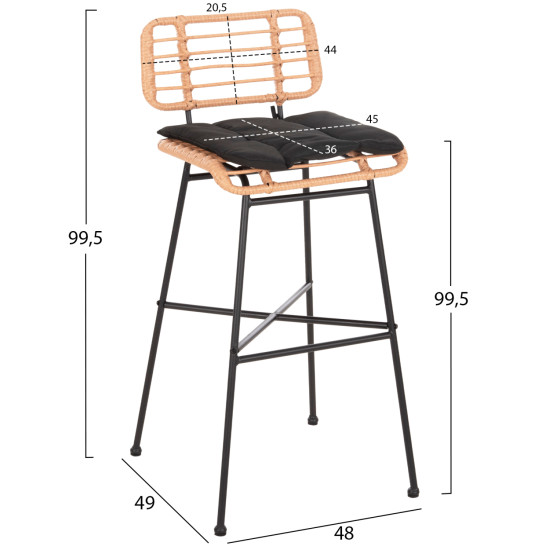 ΣΚΑΜΠΟ ΜΠΑΡ ΨΗΛΟ FB95708.11 ΜΕΤΑΛΛΟ&ΜΑΞΙΛΑΡΙ ΜΑΥΡΟ-WICKER ΜΠΕΖ 48x49x99,5Υεκ.