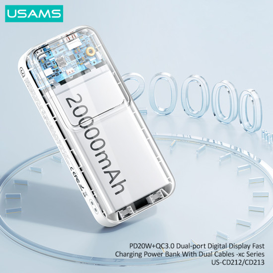 USAMS power bank US-CD212 με καλώδια, 4x έξοδοι, 20000mAh, 20W, μαύρο