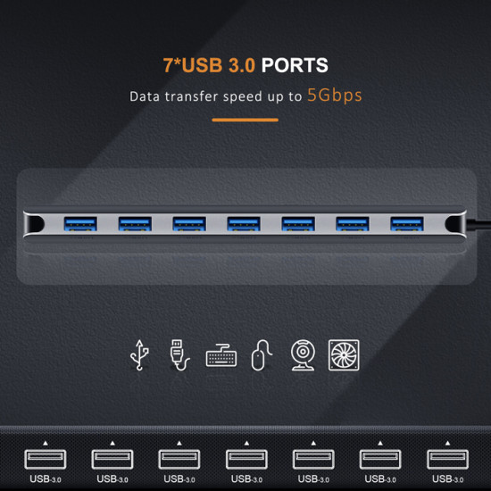 CABLETIME USB-C hub C160, 7x USB, 5Gbps, 0.15m, ασημί