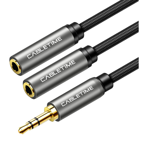 CABLETIME καλώδιο ήχου 3.5mm σε 2x 3.5mm CT-P12G, 3-pole, 20cm, μαύρο