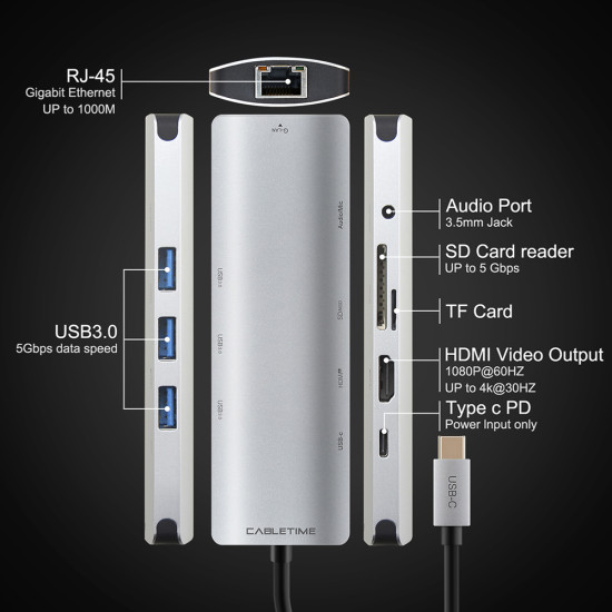 CABLETIME docking station CT-CMHD91, 9 θυρών, USB-C σύνδεση, 4K, 100W, γκρι