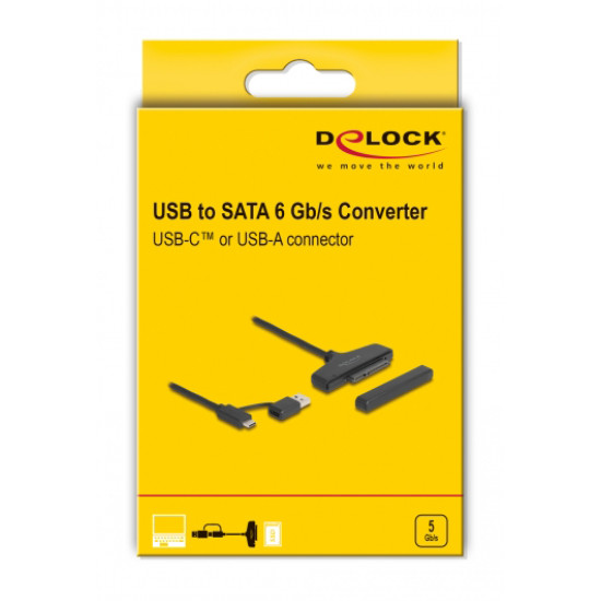 DELOCK καλώδιο σύνδεσης HDD/SSD 61042, USB/USB-C σε SATA, 6Gbps, μαύρο