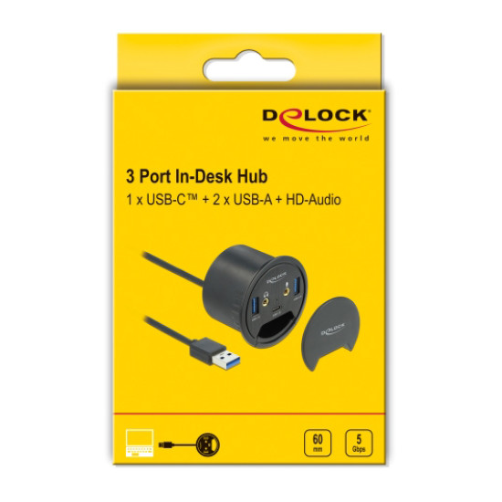 DELOCK USB hub 62794, 5x θυρών, 5Gbps, Φ60mm, USB σύνδεση, μαύρο
