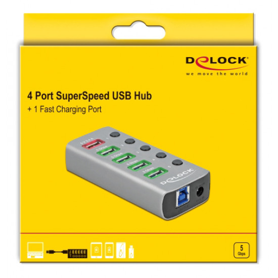 DELOCK USB hub 63262 με διακόπτες, 5x θυρών, 5Gbps, 2.4A, γκρι
