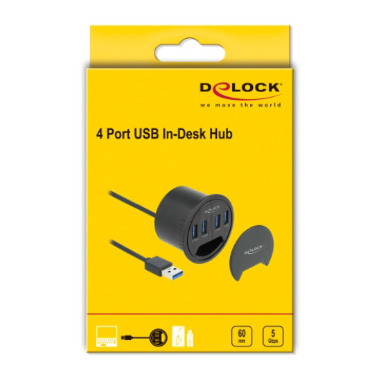 DELOCK USB hub 64153, 4x θυρών, 5Gbps, Φ60mm, USB σύνδεση, μαύρο