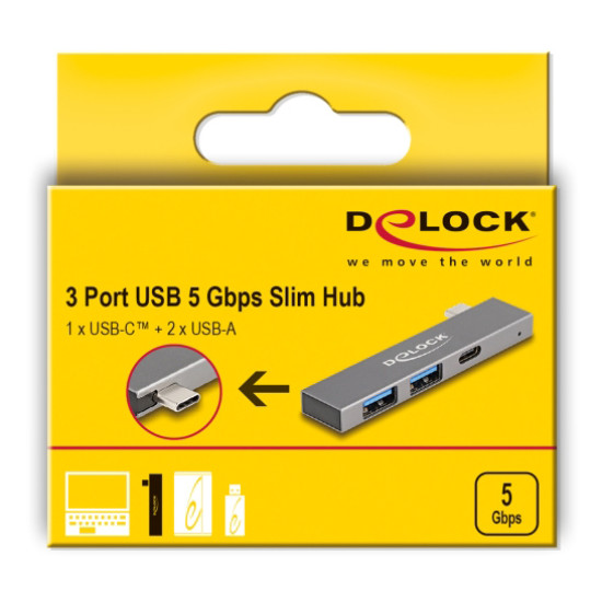 DELOCK USB hub 64275, 3x θυρών, 5Gbps, USB-C σύνδεση, γκρι