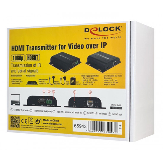 DELOCK HDMI video extender 65943, μέσω καλωδίου δικτύου, 1080p, HDBitT