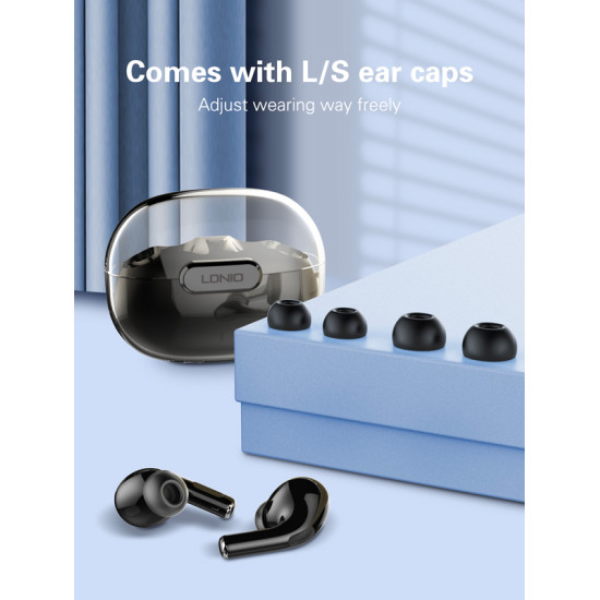 LDNIO earphones με θήκη φόρτισης T02, True Wireless, HiFi, Φ13mm, μαύρα