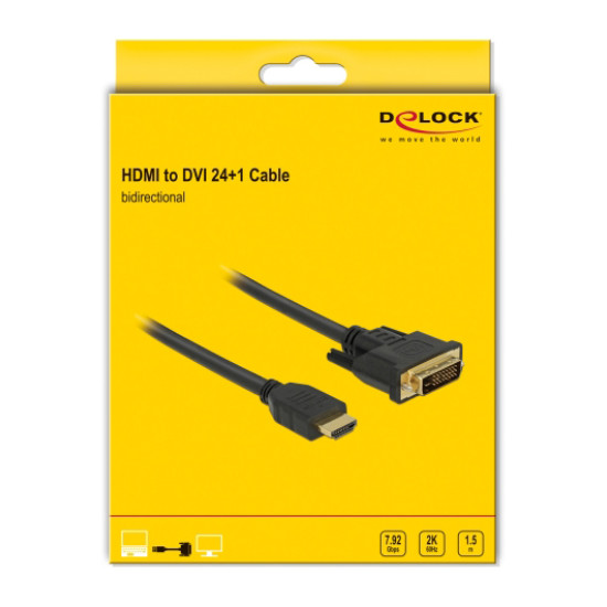 DELOCK καλώδιο HDMI σε DVI 85653, 2K/60Hz, 7.92 Gbps, 1.5m, μαύρο