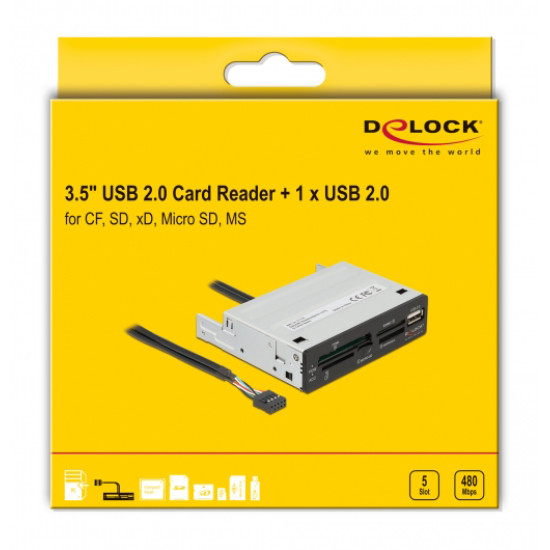 DELOCK USB 9-pin card reader 91708, CF/SD/XD/MS/Micro SD/USB, 3.5" bay