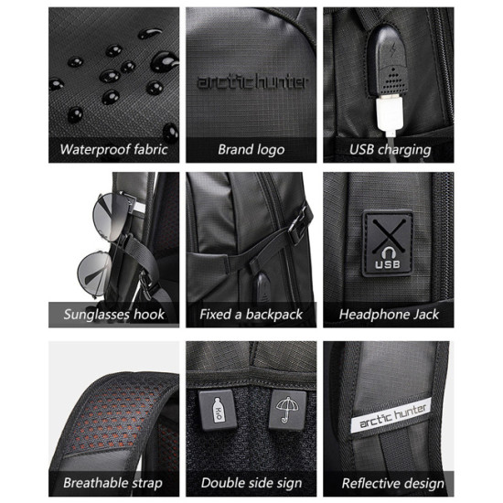 ARCTIC HUNTER τσάντα πλάτης B00387 με θήκη laptop 15.6", 26L, USB, μαύρη