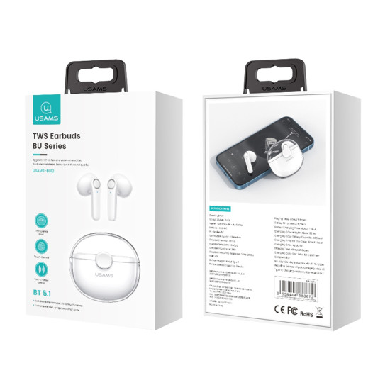 USAMS earphones με θήκη φόρτισης BU12, True Wireless, Φ13mm, λευκά