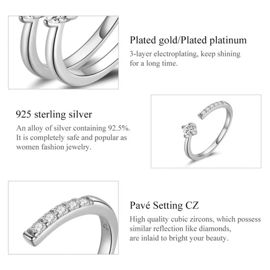 BAMOER δαχτυλίδι BSR203-A, κυβική ζιρκόνια, ανοιγόμενο, ασήμι 925, ασημί