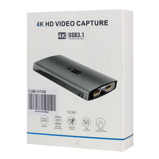 POWERTECH video capture CAB-H166, HDMI/USB-C σύνδεση, 4K/60Hz, γκρι
