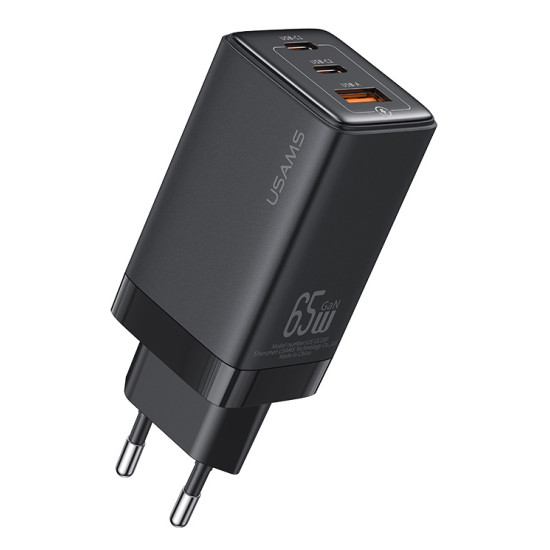 USAMS φορτιστής τοίχου US-CC180, USB & 2x USB-C, 65W PD, GaN, μαύρος