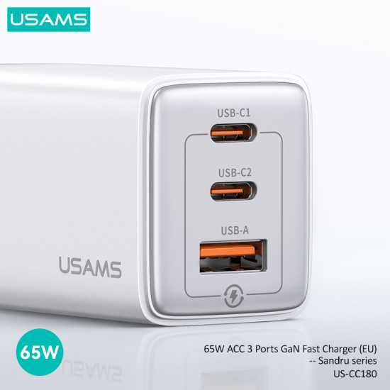 USAMS φορτιστής τοίχου US-CC180, USB & 2x USB-C, 65W PD, GaN, μωβ