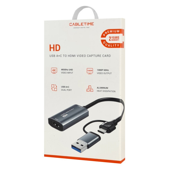 CABLETIME video capture CT-ACHC-AG, HDMI/USB & USB-C, 4K/60Hz, γκρι