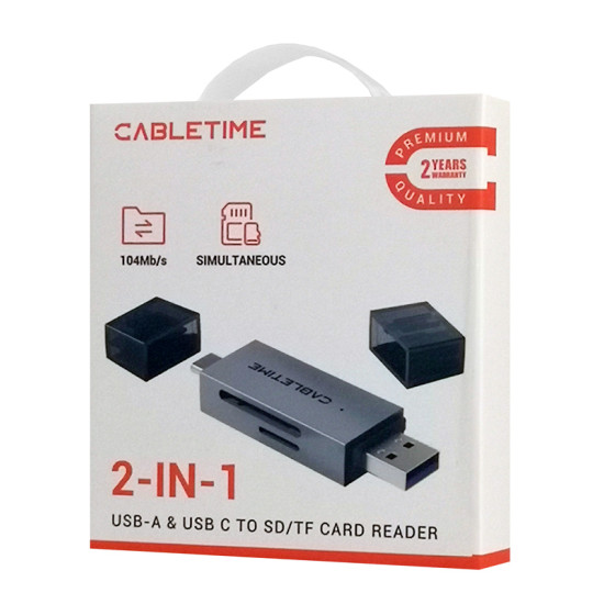 CABLETIME card reader CT-ACSD3-AG, SD/micro SD, USB/USB-C, 5Gbps, γκρι