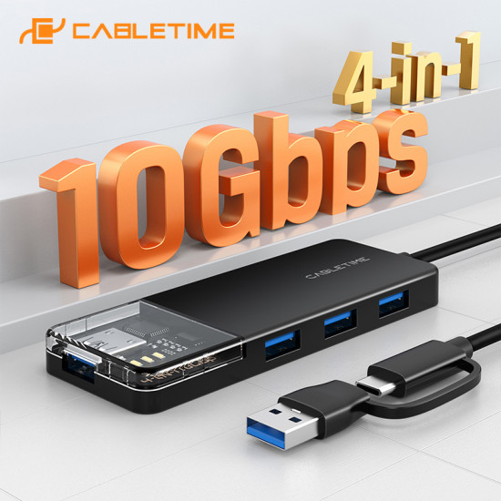 CABLETIME USB hub CT-HUBT5-PB, 4x θυρών, 10Gbps, USB/USB-C σύνδεση, μαύρο