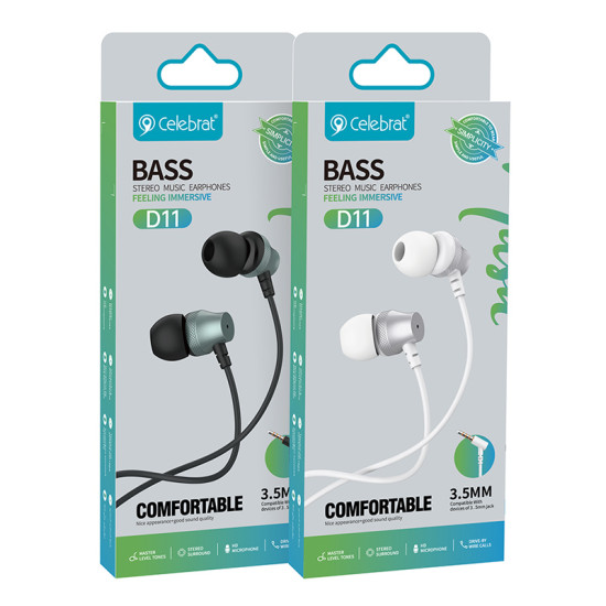 CELEBRAT earphones με μικρόφωνο D11, 3.5mm σύνδεση, Φ10mm, 1.2m, λευκά