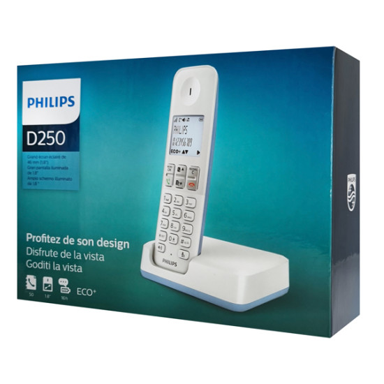 PHILIPS ασύρματο τηλέφωνο D2501S-34, με ελληνικό μενού, λευκό-μπλε