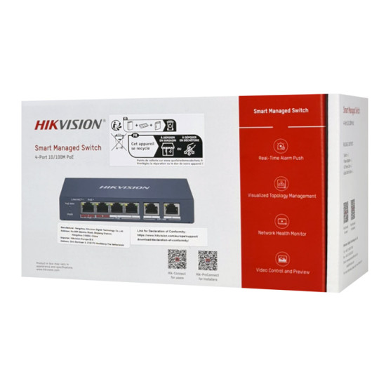 HIKVISION Managed switch DS-3E1106HP-EI, 4x PoE & 2x RJ45 ports, 100Mbps
