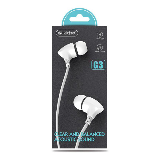 CELEBRAT earphones με μικρόφωνο G3, 3.5mm σύνδεση, Φ10mm, 1.2m, λευκά
