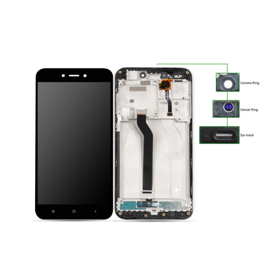 LCD για Xiaomi Redmi 5A, Camera-Sensor ring, ear mesh, με frame, Black