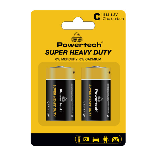 POWERTECH μπαταρίες Zinc Carbon Super Heavy Duty PT-1221, R14 1.5V, 2τμχ