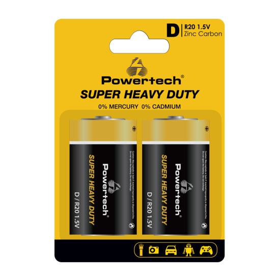 POWERTECH μπαταρίες Zinc Carbon Super Heavy Duty PT-1222, R20 1.5V, 2τμχ