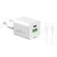 POWERTECH φορτιστής τοίχου PT-1224, καλώδιο, USB/USB-C, 33W, GaN, λευκός