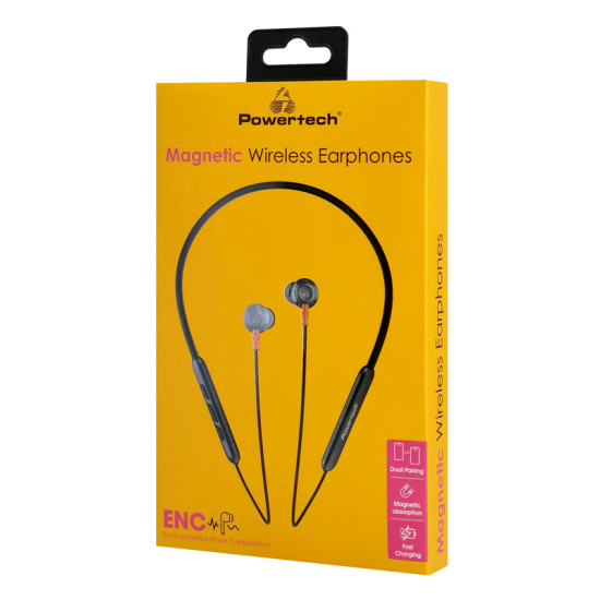 POWERTECH earphones PT-1228 με μαγνήτη, Bluetooth ENC 10mm 180mAh, μαύρα