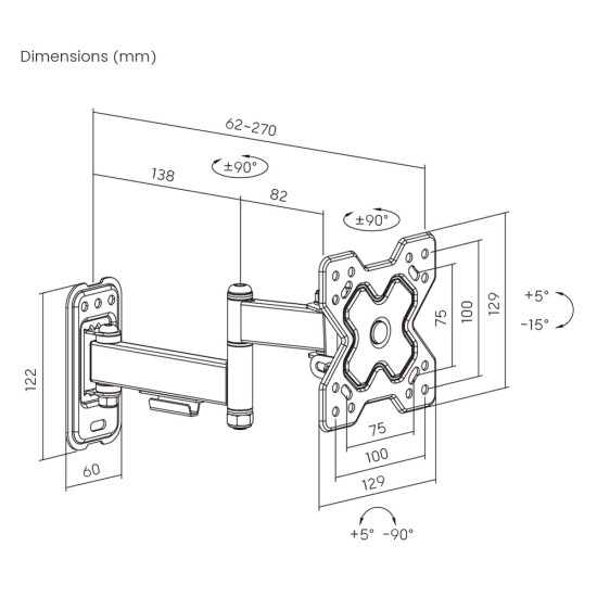 POWERTECH επιτοίχια βάση PT-1278 για τηλεόραση 13-32", full motion, 20kg