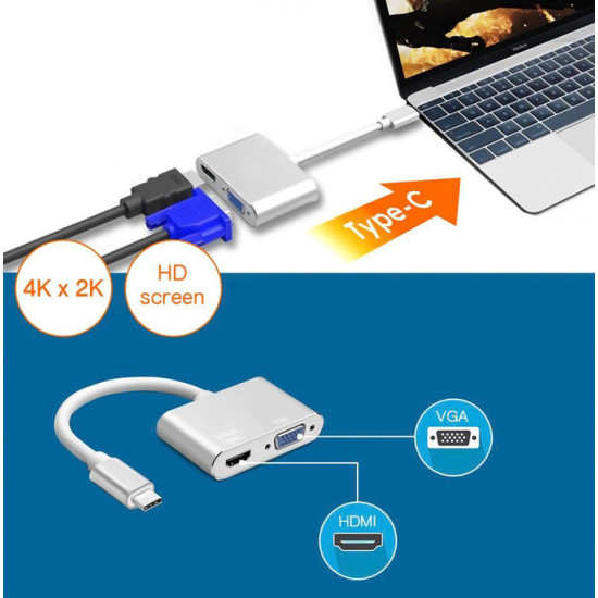 POWERTECH αντάπτορας USB-C σε HDMI & VGA PTH-041, 4K, ασημί
