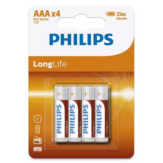 PHILIPS LongLife Zinc chloride μπαταρίες R03L4B/10 AAA R03 Micro, 4τμχ