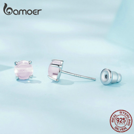 BAMOER σκουλαρίκια καρφωτά SCE1529-2 με φεγγαρόπετρα, ασήμι 925, ροζ