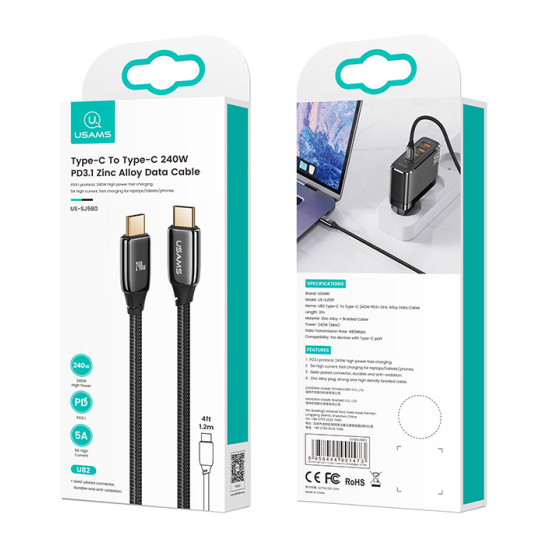 USAMS καλώδιο USB-C σε USB-C US-SJ580, 240W PD 3.1, 480Mbps, 1.2m, μαύρο