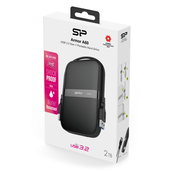 SILICON POWER εξωτερικός HDD Armor A60, 2TB, USB 3.2, μαύρος