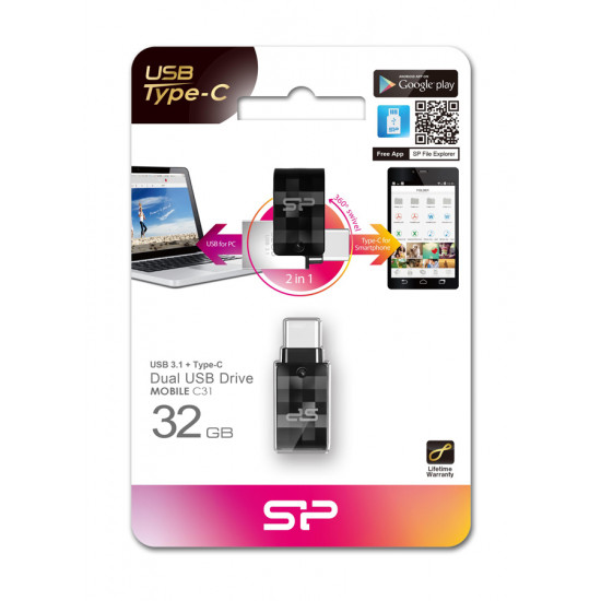 SILICON POWER Dual USB Flash Drive C31, USB 3.2 & USB-C, 32GB, μαύρο