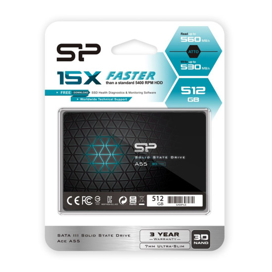 SILICON POWER SSD A55 512GB, 2.5", SATA III, 500-450MB/s, 7mm